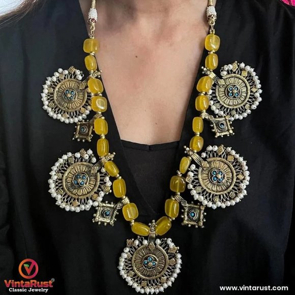 Jewelry - Tribal Choker Necklace, Yellow Stones Beaded Vintage Necklace